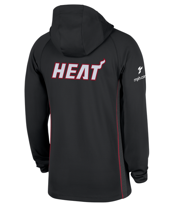 The Nike Miami HEAT On-Court 1/4 Zip Hoodie features a black polyester build, long sleeves, team logo on the chest, NBA patch on the sleeve, white Nike swoosh, quarter-zip design, standard fit, and subtle red stitching.
