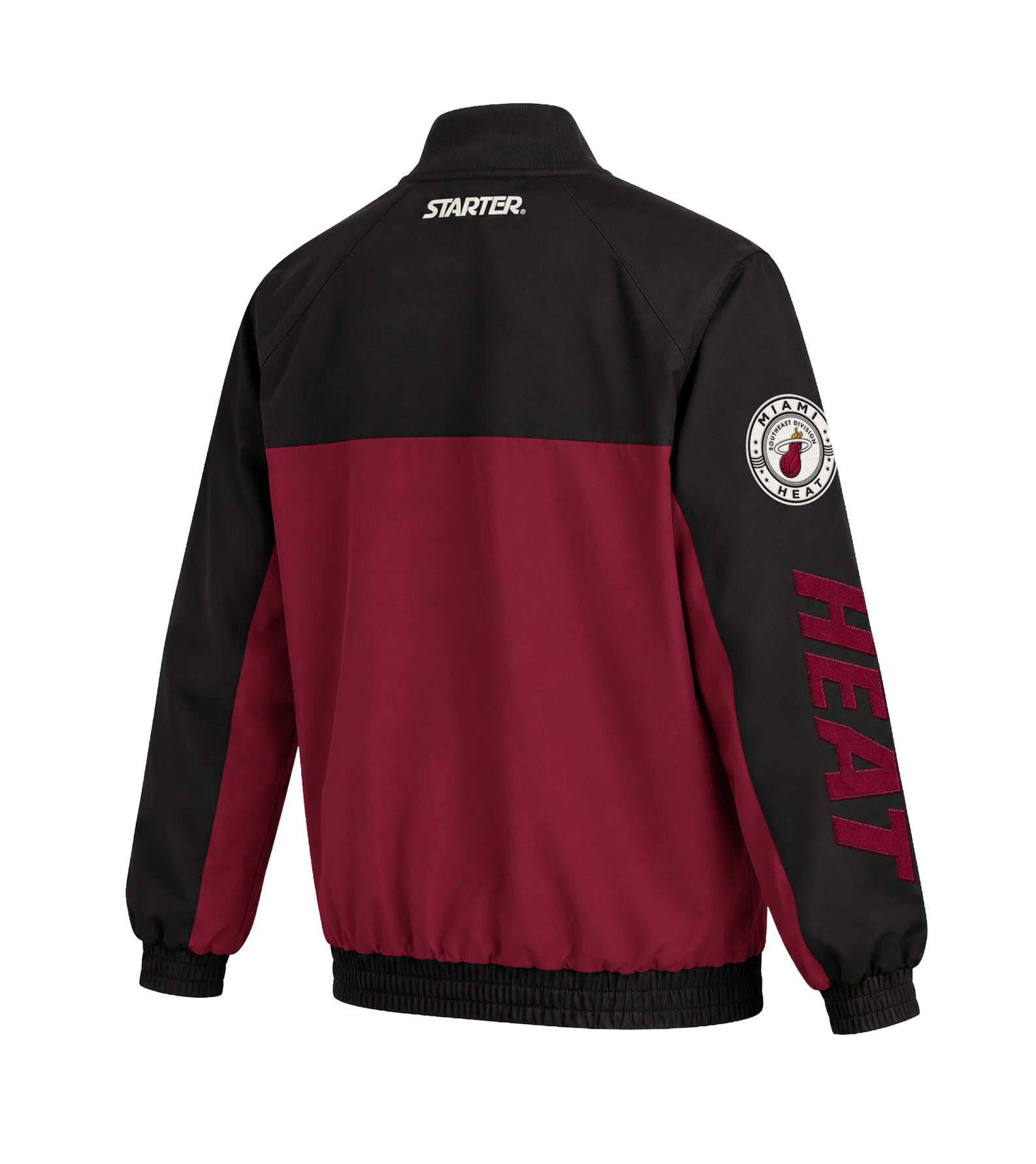 Back view of a black and maroon color-blocked G-III Miami HEAT Racer Zip-Up Jacket with a team logo patch on the sleeve and HEAT lettering down the forearm.
