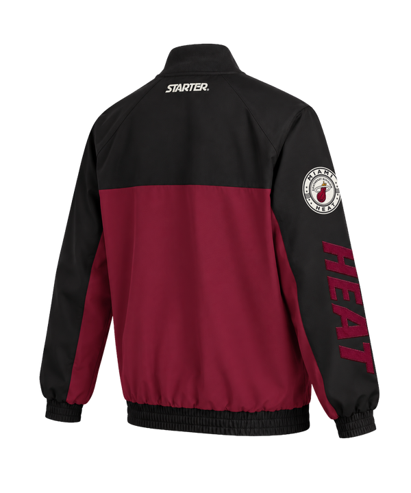 G-III Miami HEAT Racer Zip-Up Jacket in black, burgundy, and white, featuring team logos, basketball graphics, MIAMI text across the chest, and a polyester lining.