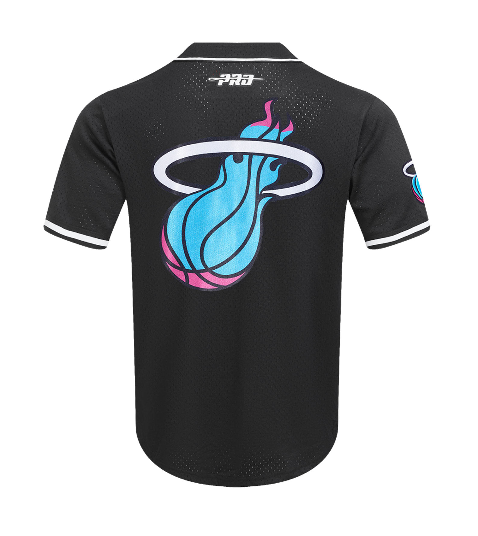 The Pro Standard Miami HEAT Original Vice Nights Baseball Jersey features black polyester, white sleeve and collar trim, a large Miami Heat blue and pink flames logo on back, small PRO logo up top, standard fit, and is machine washable.