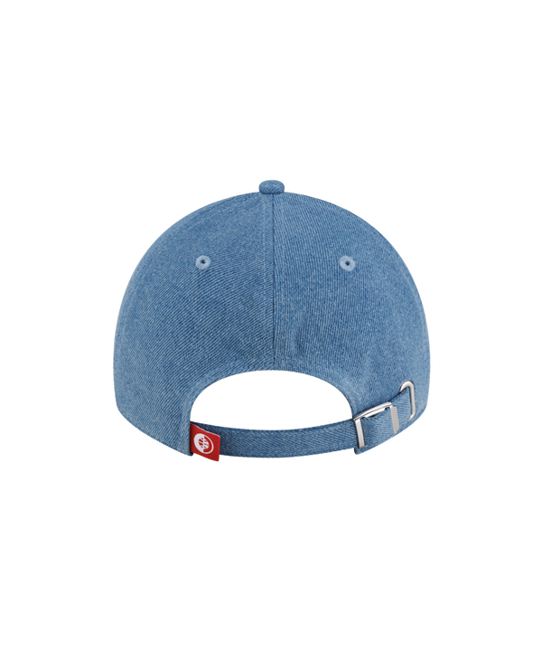Court Culture x New Era Retro Denim Dad Cap in blue denim, featuring Miami Heat embroidered in red script on the front in a one-size-fits-most cotton style.