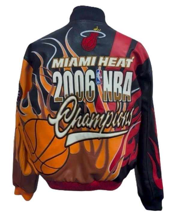 Celebrate the Miami HEAT NBA title in style with the Court Culture Miami HEAT x Jeff Hamilton 2006 Championship Legacy Jacket, featuring bold flame designs and “2006 NBA Champions” graphics in red, orange, yellow, and black.