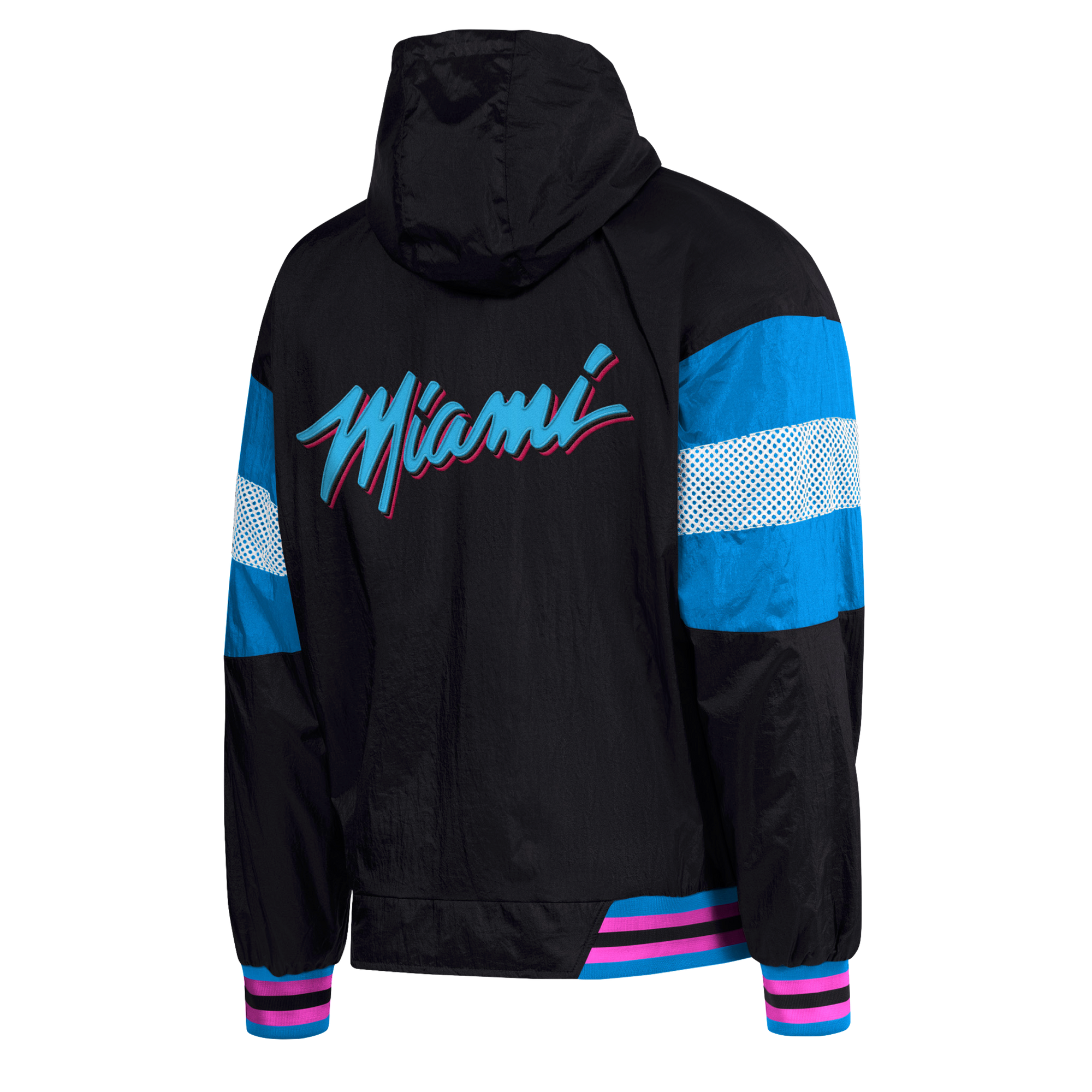 The G-III Sports Miami HEAT Original Vice Nights Legacy Jacket features black nylon, bold colorful “Miami” script on the back, blue sleeve panels, a white stripe, purple striped cuffs, standard fit, and cozy polyester lining for comfort.