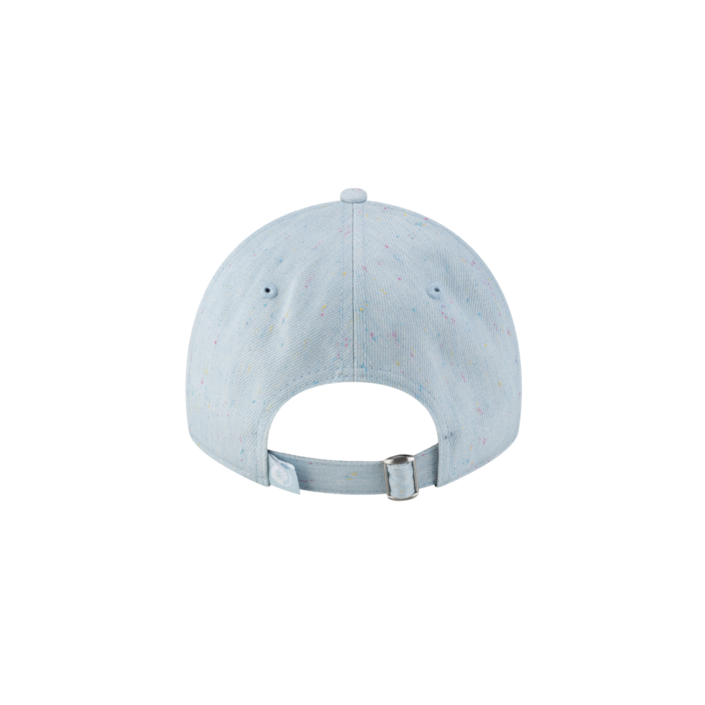 The Court Culture Original Vice Nights Wordmark Dad Hat is light blue cotton with subtle colored speckles, an adjustable metal-strap back, and a top embroidered air hole. One size fits most; easy spot clean. Shown on a plain white background.
