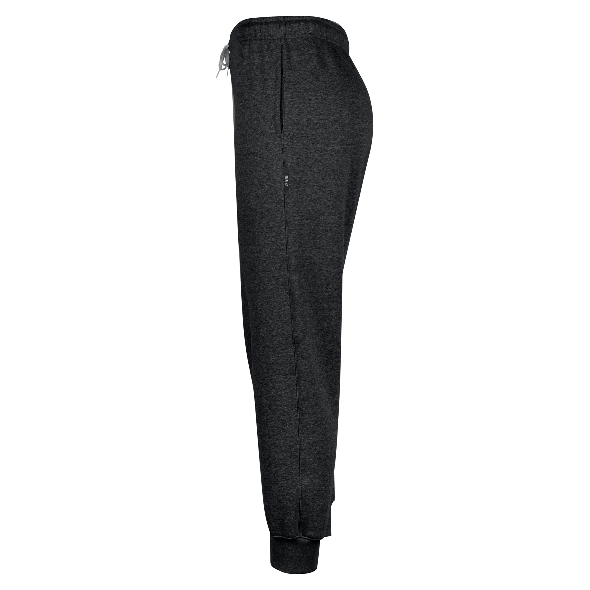 Side view of Nike Miami HEAT Original Vice Nights Fleece Pants in dark gray, featuring an elastic waistband, drawstring, side pocket, cuffed ankles, standard fit, and tapered leg design by Nike, displayed on a plain white background.