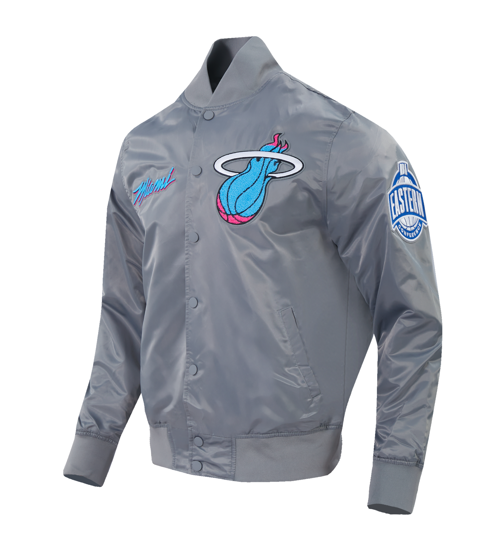 The Pro Standard Miami HEAT Original Vice Nights Satin Jacket features a shiny gray polyester build, team logo on the chest, Miami script on the right, and an Eastern Conference patch on the left sleeve. Standard fit. Machine washable. Plain white background.