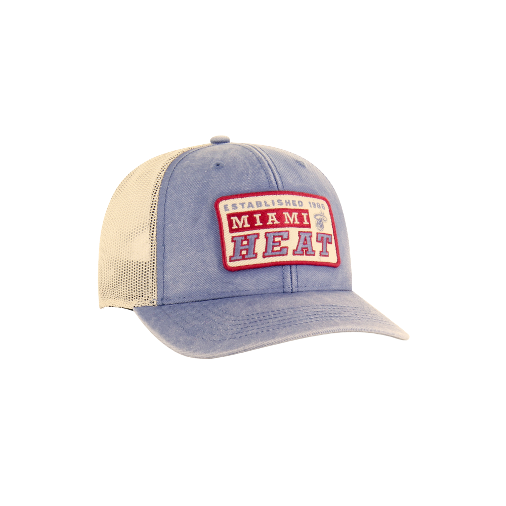 The '47 Brand Miami HEAT Original Vice Nights Canteen Snapback features a light blue and beige mesh design with a cotton front, red and white 