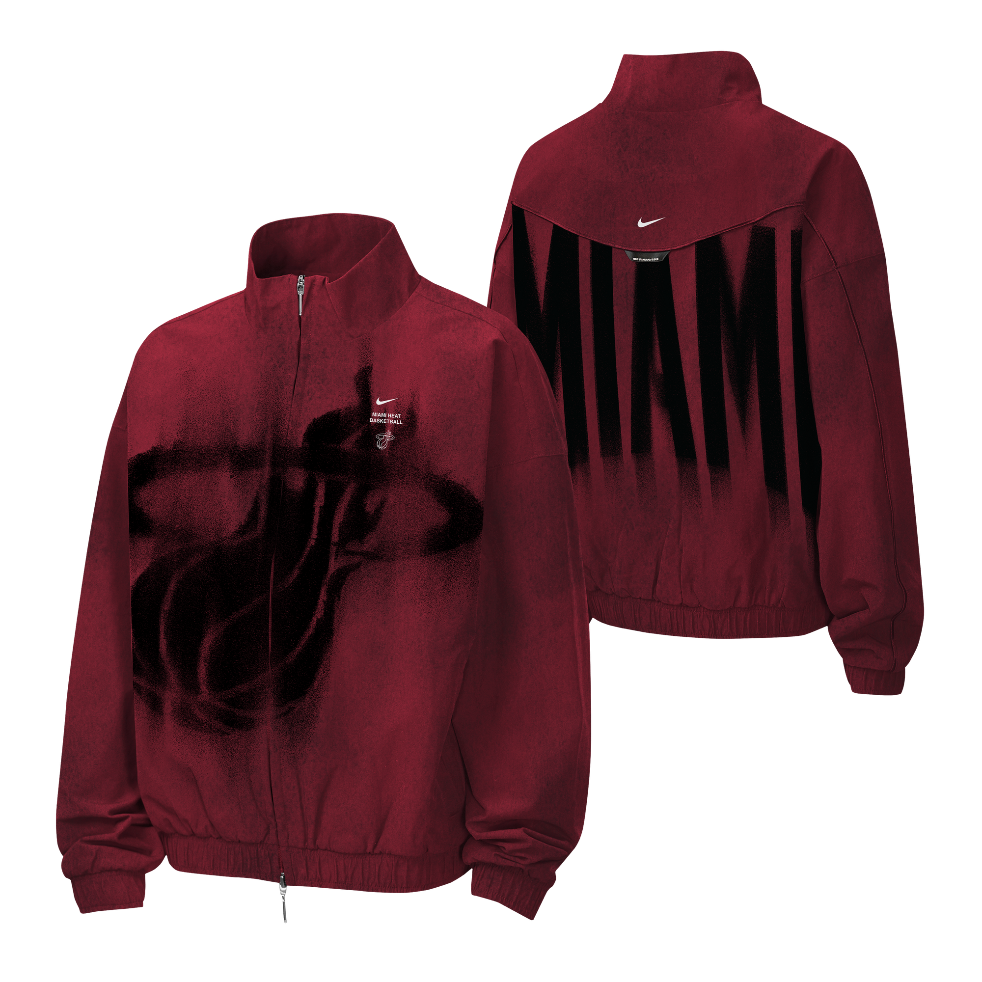 Nike Miami HEAT Standard Issue Loud Woven Youth Jacket in maroon polyester, featuring a full-zip closure, a black spray-paint-style basketball logo on the front, large vertical MIAMI lettering on the back, and a loose fit.
