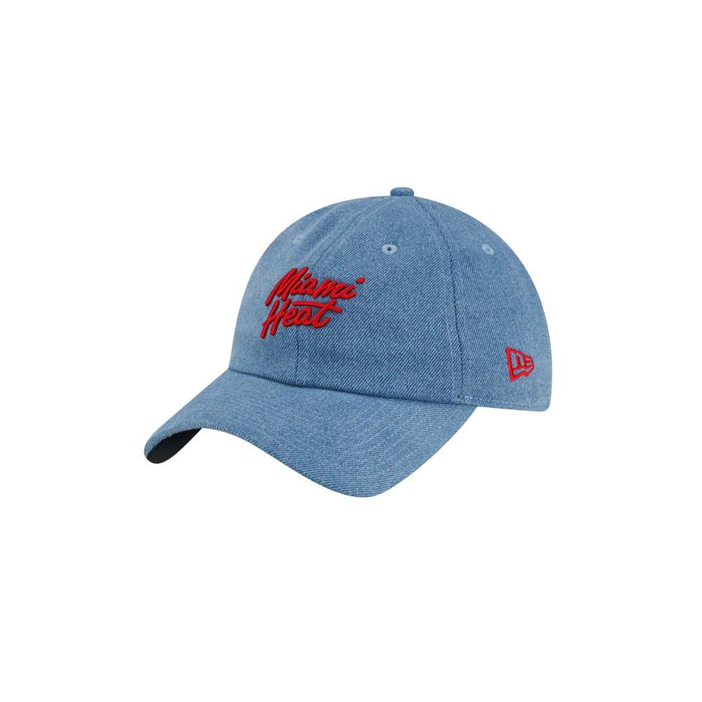 Court Culture x New Era Retro Denim dad hat in blue denim cotton, featuring Miami Heat embroidered in red script on the front and a red logo on the side.