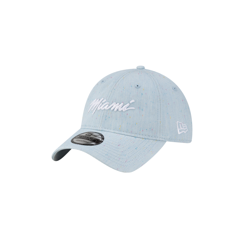 The Court Culture Original Vice Nights Wordmark Dad Hat is a light blue cotton cap with “Miami” embroidered in white script, a curved brim with a sticker, side logo, speckled design, and spot clean care. One size fits most.
