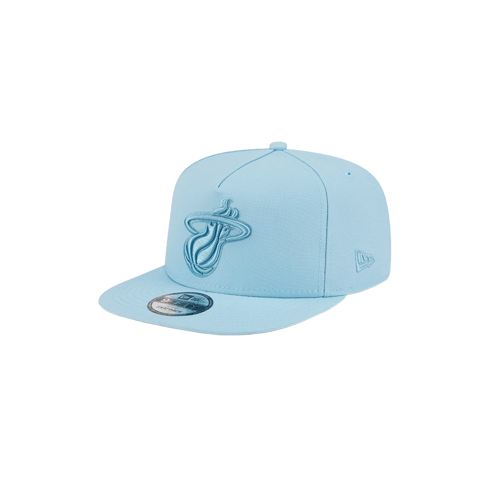The New Era Miami HEAT Light Blue Color Pack Snapback features a flat brim, embroidered Miami Heat logo on the front, New Era side logo, and is made of polyester. One size fits most; spot clean only.