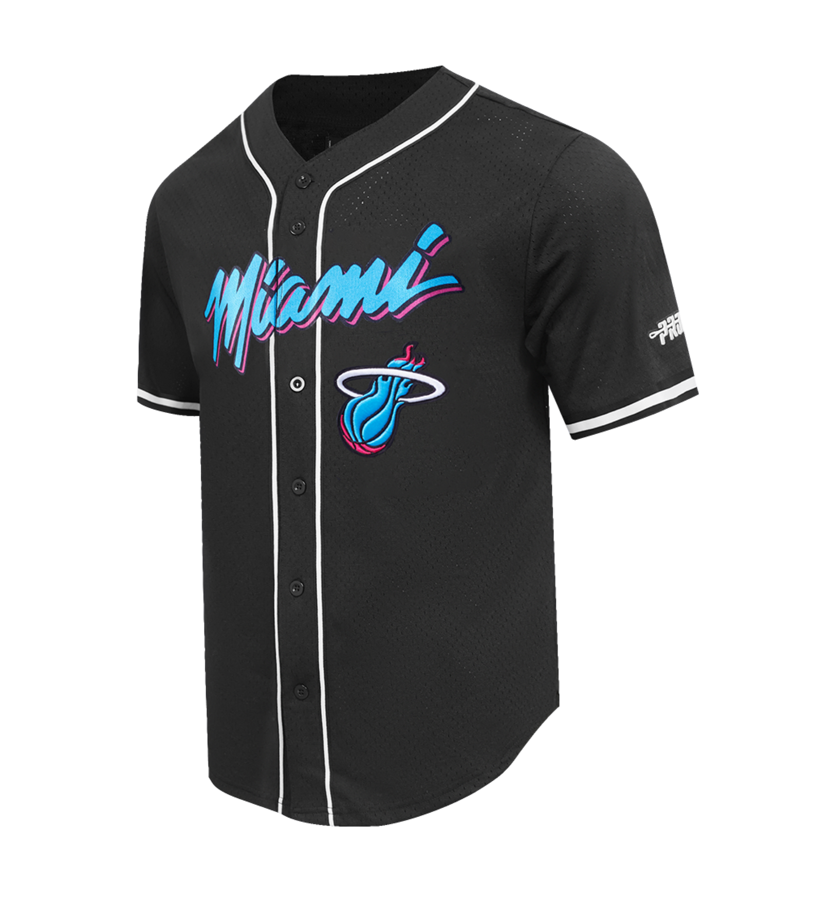 The Pro Standard Miami HEAT Original Vice Nights Baseball Jersey features a black design with white buttons and trim, blue and pink 