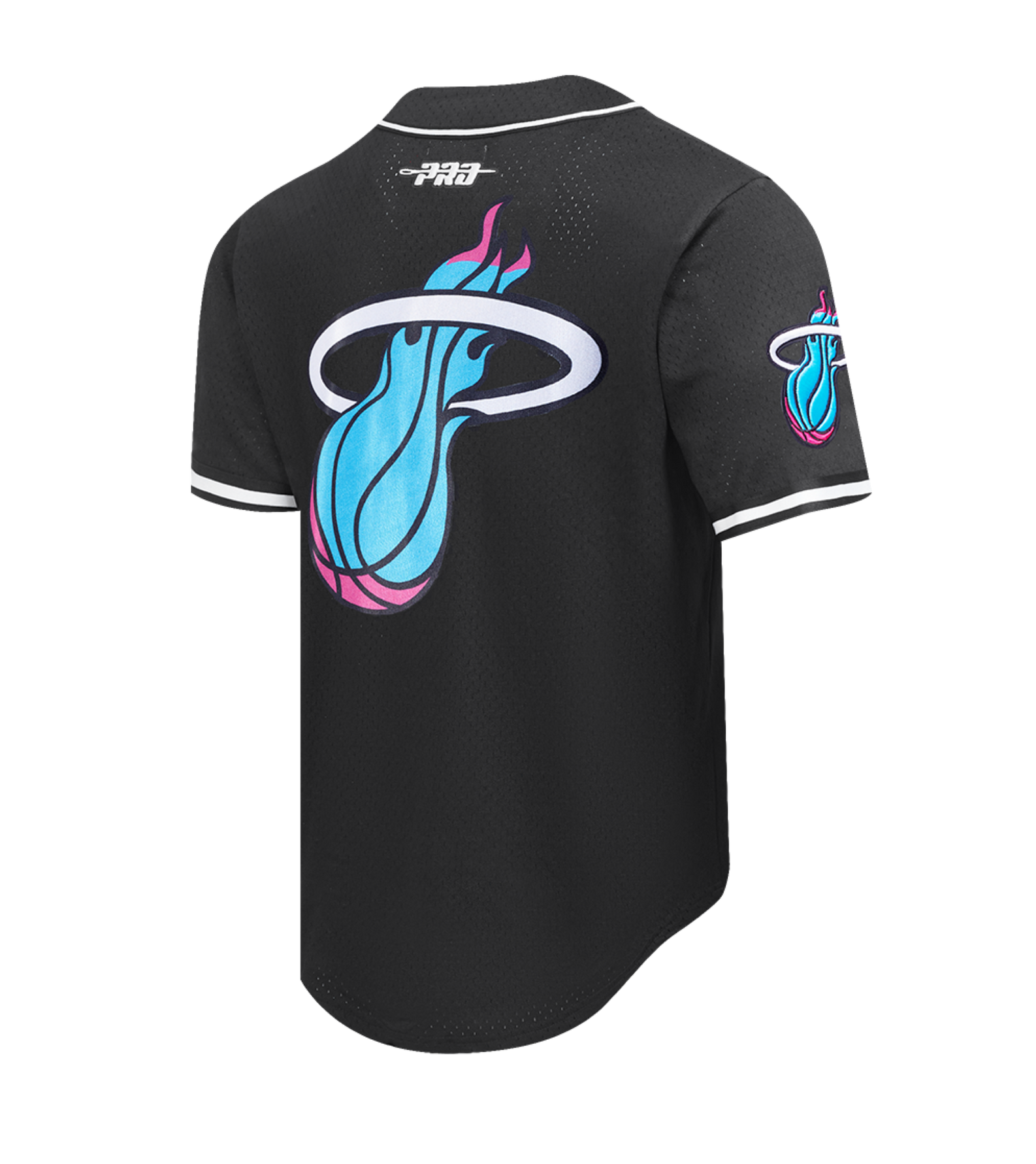 The Pro Standard Miami HEAT Original Vice Nights Baseball Jersey features a standard-fit black polyester design with white trim, a large blue, pink, and white flaming basketball logo on the back, and a matching sleeve logo. Machine washable for easy care.