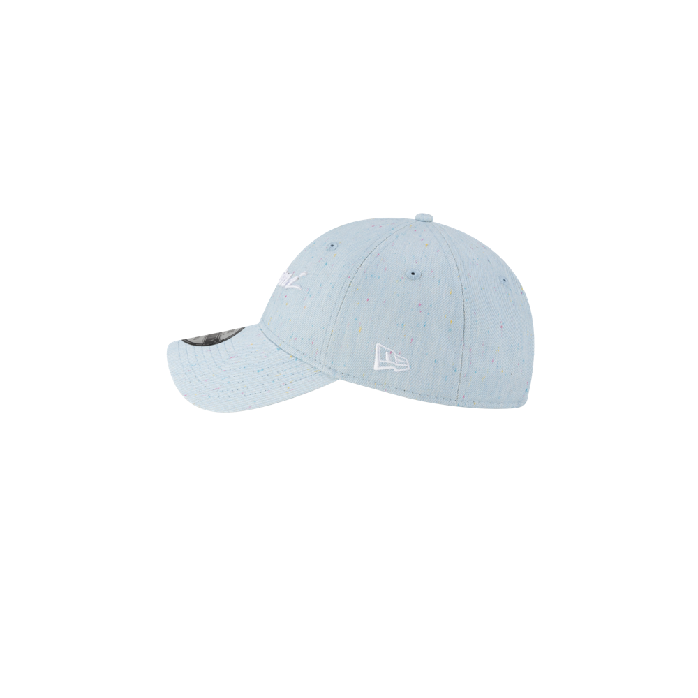 The Court Culture Original Vice Nights Wordmark Dad Hat is a light blue cotton cap with multicolored speckles and white embroidered logos on the front and left side. One size fits most. Shown on a plain white background.