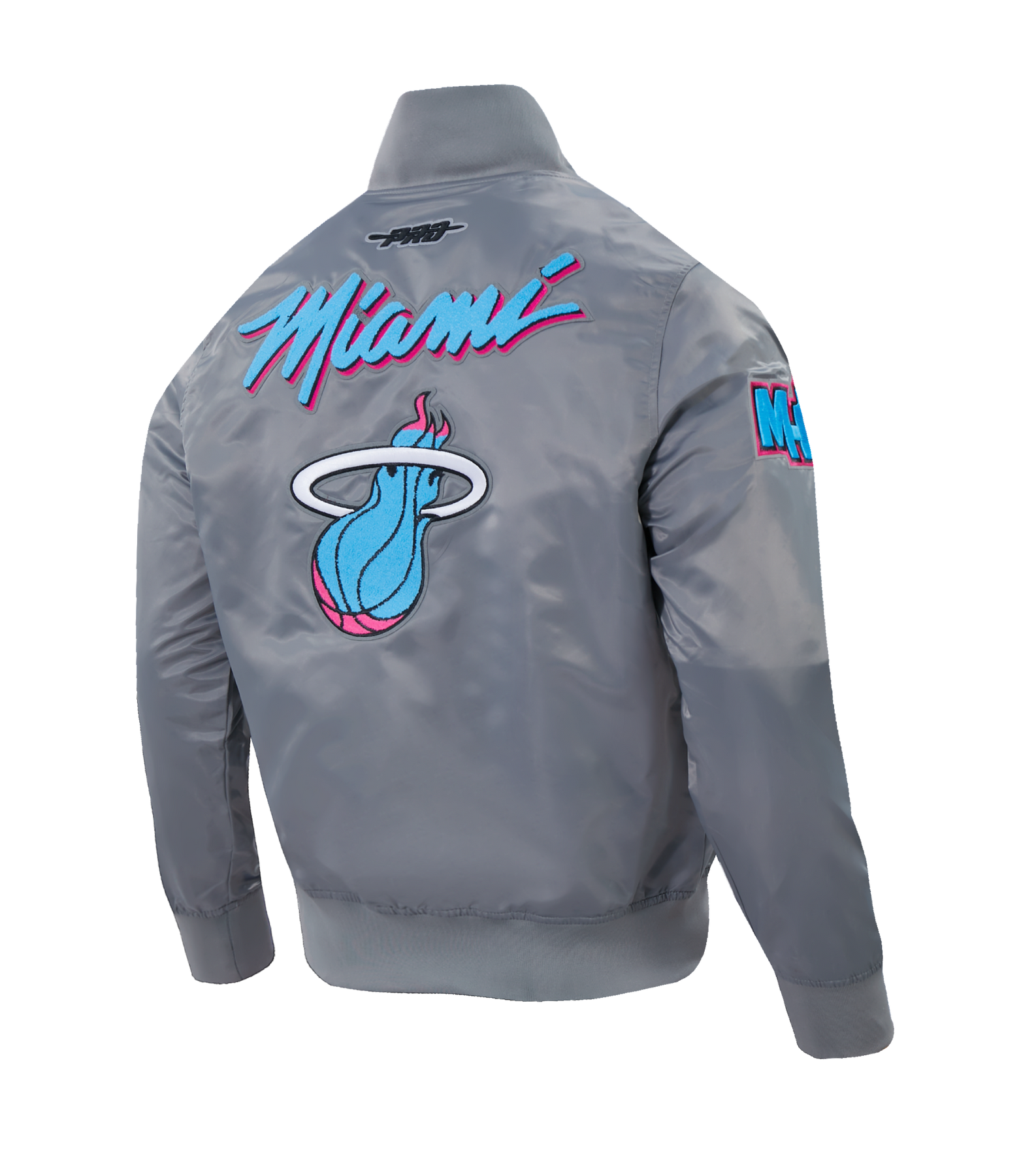 The Pro Standard Miami HEAT Original Vice Nights Satin Jacket is a gray satin bomber with a large flaming basketball logo and blue/pink 