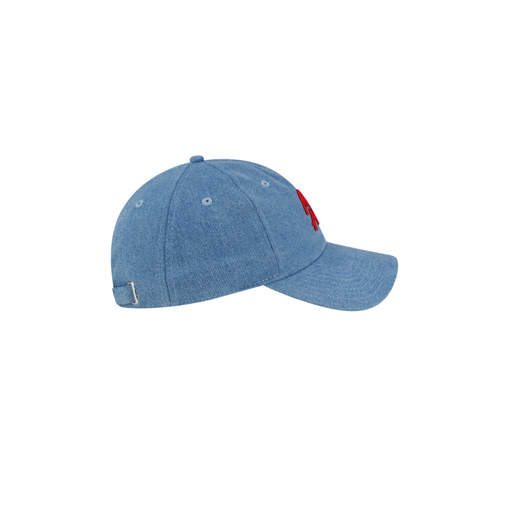 Light blue cotton denim Court Culture x New Era Retro Denim Dad Hat with a red embroidered logo on the front and an adjustable strap at the back.