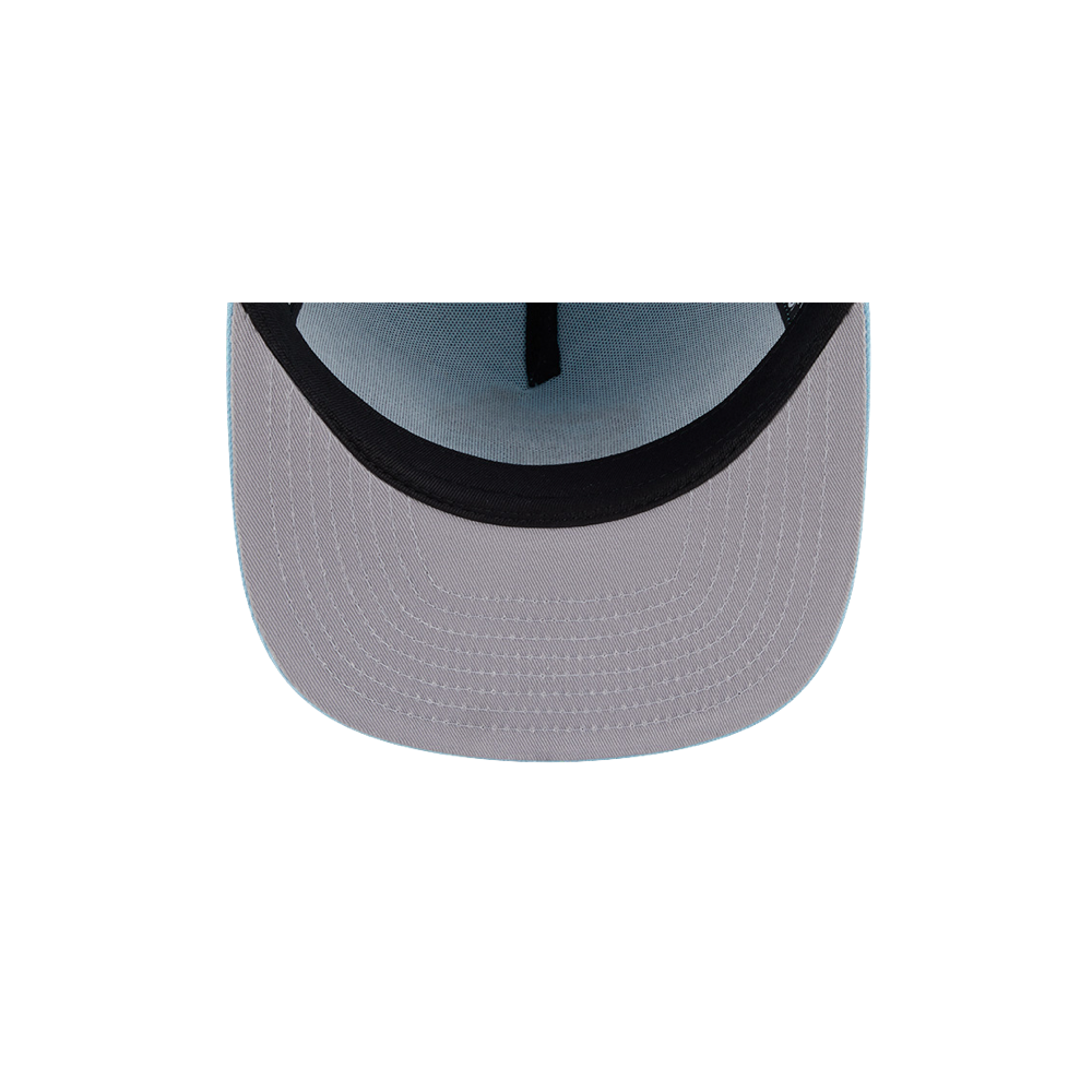 Overhead view of the inside of a New Era Miami HEAT Light Blue Color Pack Snapback by New Era, featuring a black inner band, shown on a white background. One size fits most; spot clean only.