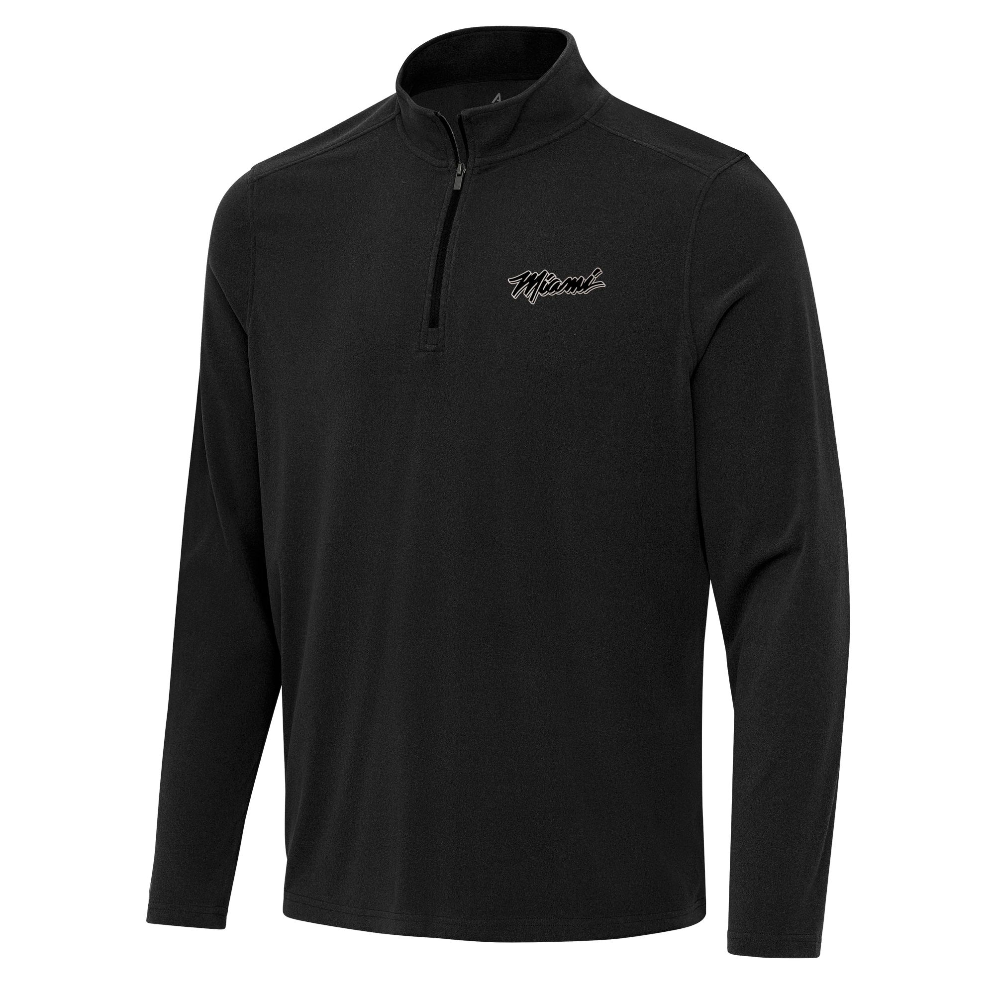 The Antigua Miami HEAT Original Vice Nights 1/4 Zip Jacket is a black long-sleeve pullover with a stand-up collar, Miami HEAT script on the left chest, made from a comfortable polyester-spandex blend, standard fit, and machine washable.