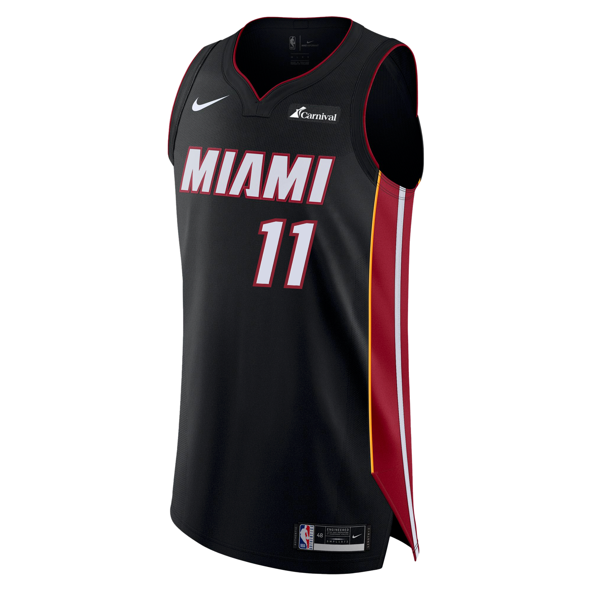 The Jaime Jaquez Jr. Nike Icon Black Authentic Jersey features Miami Heat colors, the number 11, Nike and Carnival sponsor logos, red and white accents, and stitched-down twill details for an authentic game-day look.