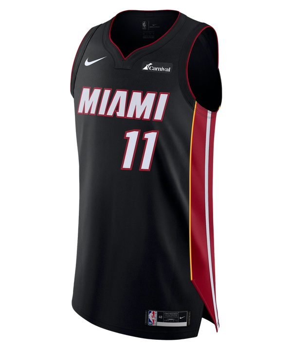 The Jaime Jaquez Jr. Nike Icon Black Authentic Jersey features Miami Heat colors, the number 11, Nike and Carnival sponsor logos, red and white accents, and stitched-down twill details for an authentic game-day look.