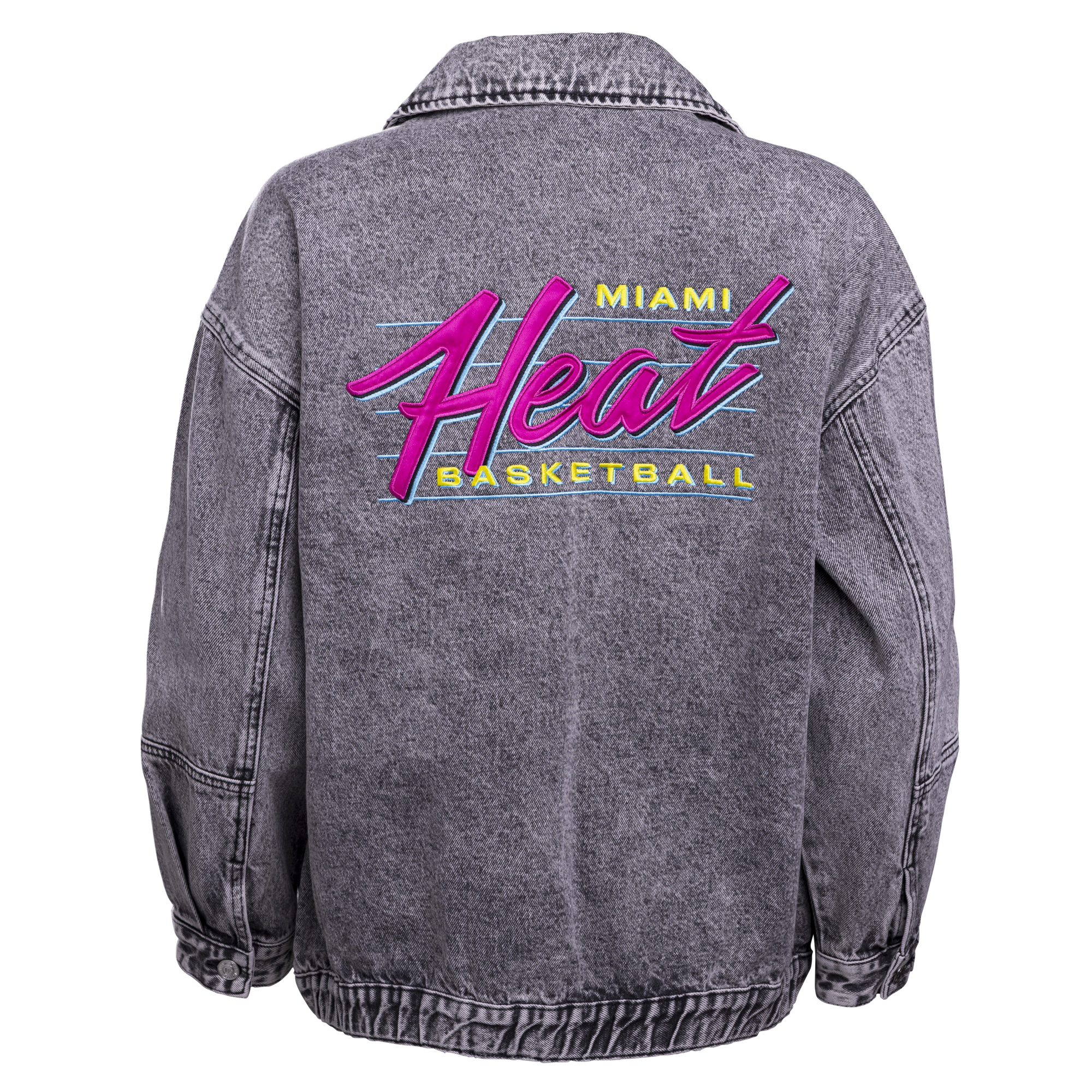 The Court Culture X The Wild Collective Original Vice Nights Denim Patch Unisex Jacket features gray acid-wash cotton denim in a standard fit, with a large neon pink, yellow, and blue Miami Heat logo on the back.