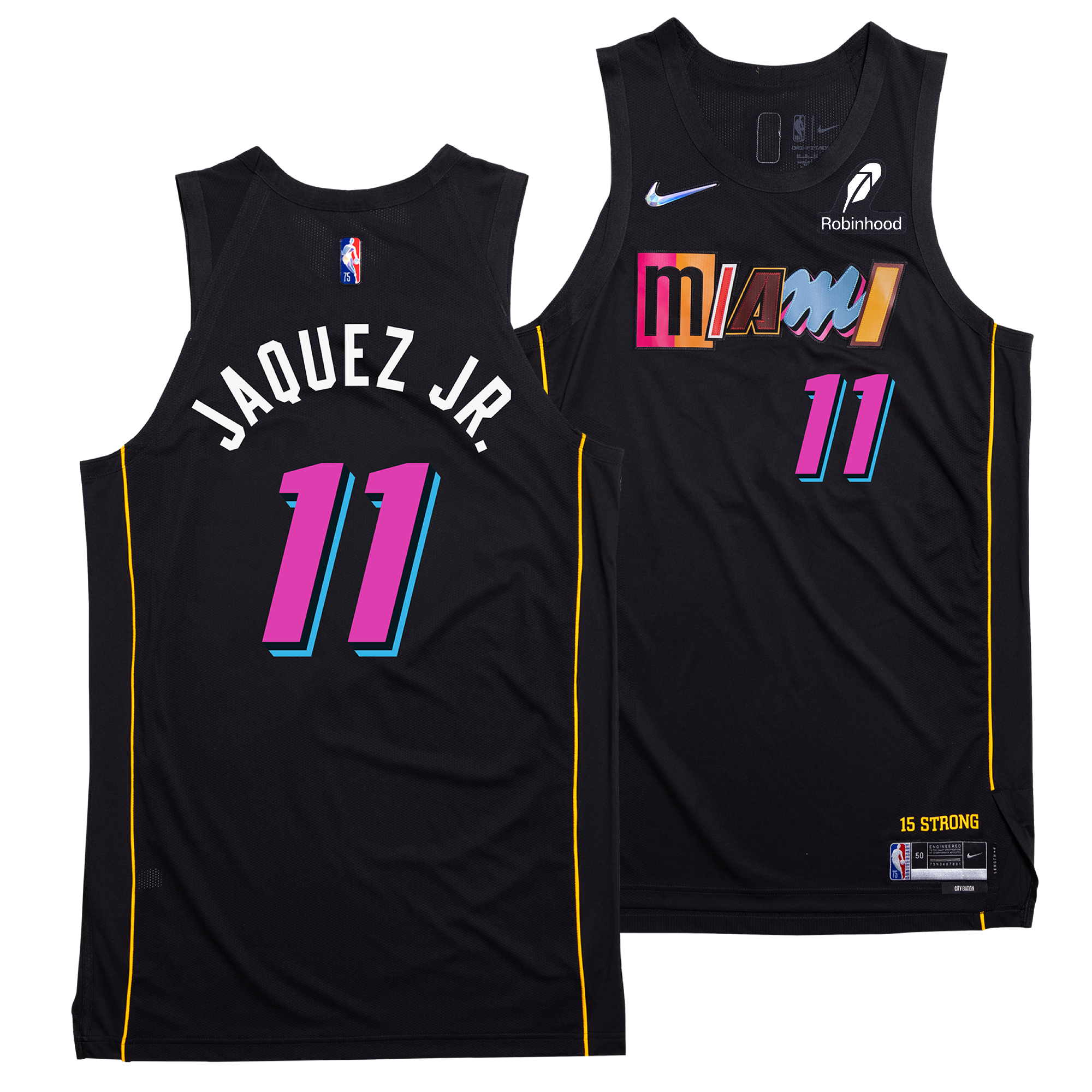 Front and back of the Nike Jaime Jaquez Jr. Miami Mashup Swingman Jersey—black with pink and blue 11, vibrant Miami details, sponsor logos, and yellow side stripes, representing the City Edition uniform.