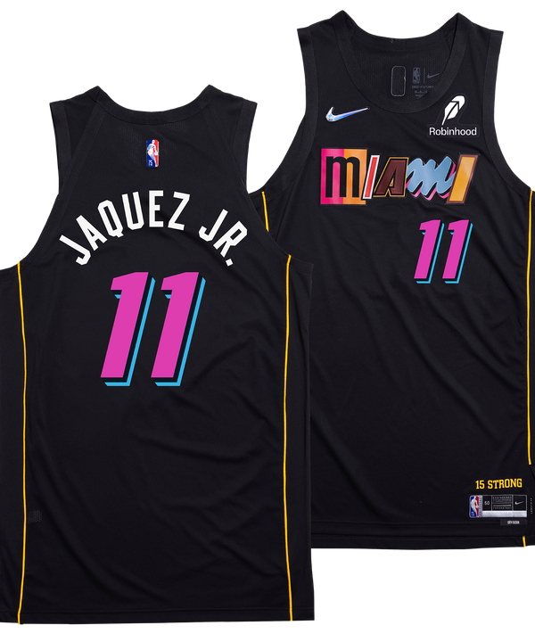 Front and back of the Nike Jaime Jaquez Jr. Miami Mashup Swingman Jersey—black with pink and blue 11, vibrant Miami details, sponsor logos, and yellow side stripes, representing the City Edition uniform.