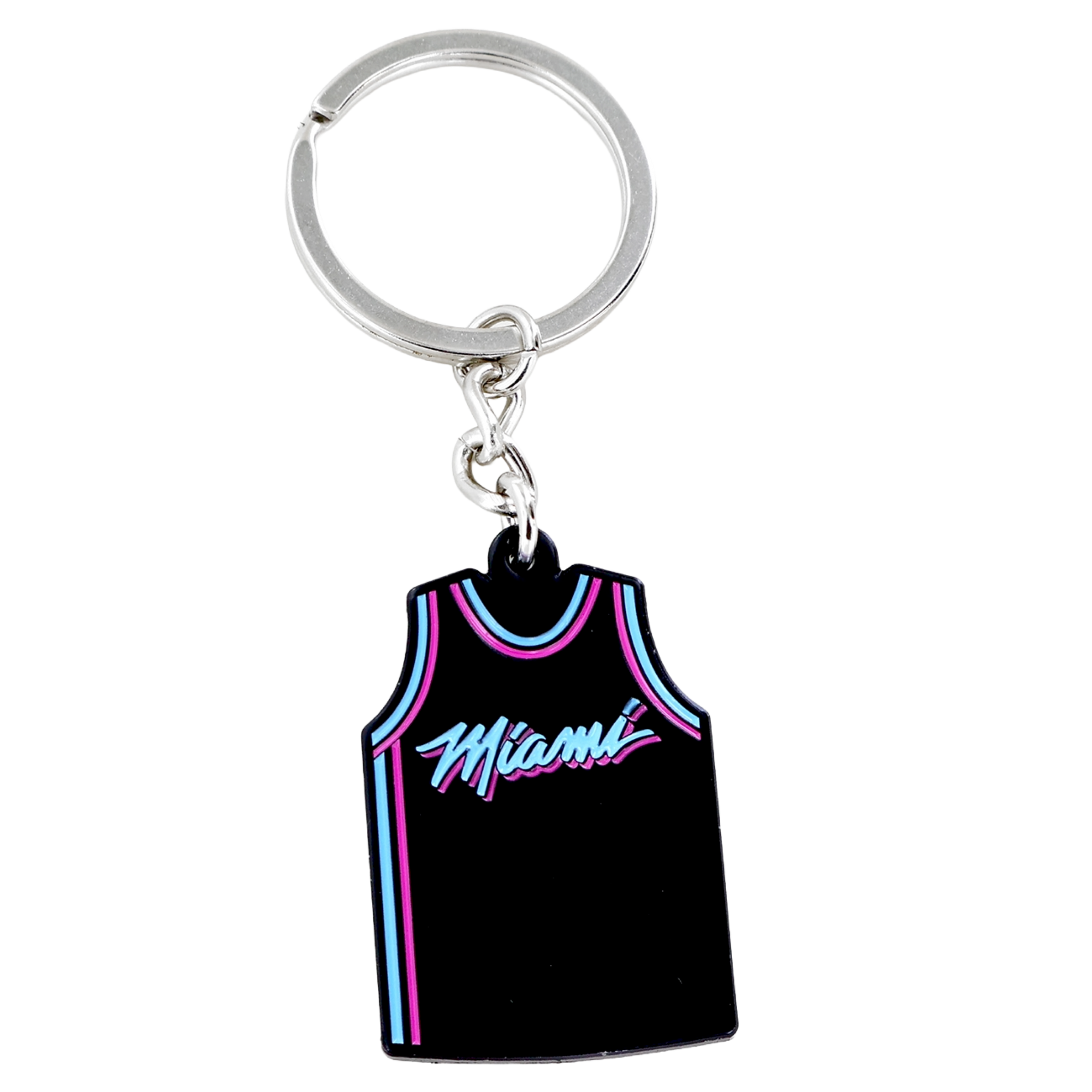 The Aminco Miami HEAT Original Vice Nights Jersey Keychain is an officially licensed mini black jersey with blue and pink stripes and 