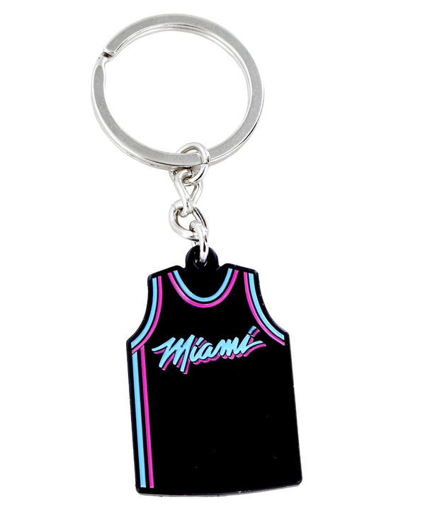 The Aminco Miami HEAT Original Vice Nights Jersey Keychain is an officially licensed mini black jersey with blue and pink stripes and 