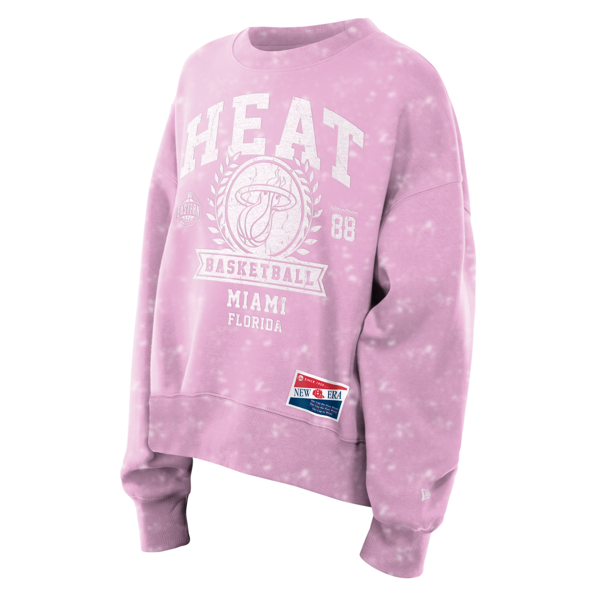 The New Era Miami HEAT Women's Pink Basketball Crewneck features white HEAT, Basketball, Miami Florida text, and the number 88. Made from a soft cotton-polyester blend with a relaxed fit and New Era tag. Machine wash cold for best care.