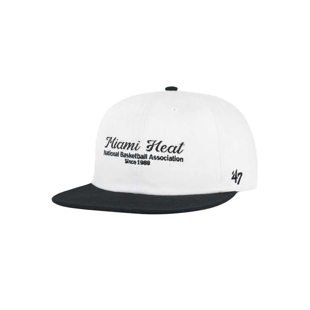 The ’47 Brand Miami HEAT Script Snapback is an ivory cotton hat with a black bill, featuring “Miami Heat National Basketball Association Since 1988” embroidered on the front and a small ’47 logo on the side. Designed by ’47 Brand, this snapback has a white crown and comes in one size that fits most for all-day comfort.