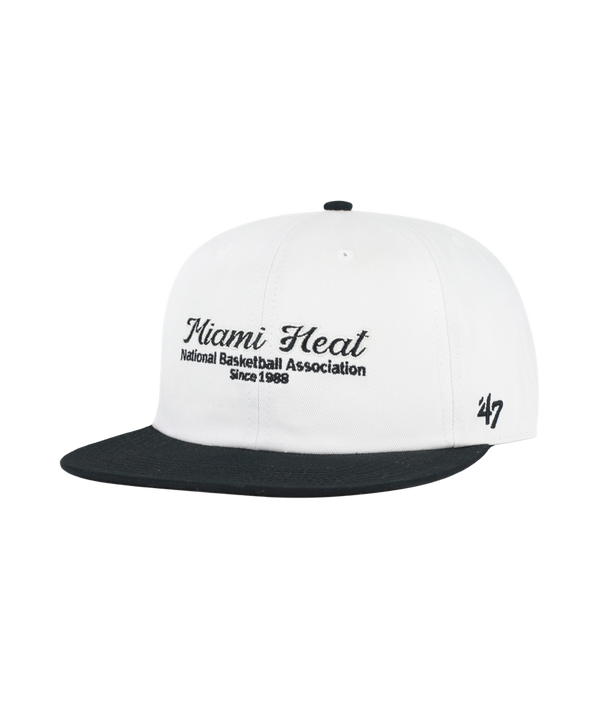 The ’47 Brand Miami HEAT Script Snapback is an ivory cotton hat with a black bill, featuring “Miami Heat National Basketball Association Since 1988” embroidered on the front and a small ’47 logo on the side. Designed by ’47 Brand, this snapback has a white crown and comes in one size that fits most for all-day comfort.
