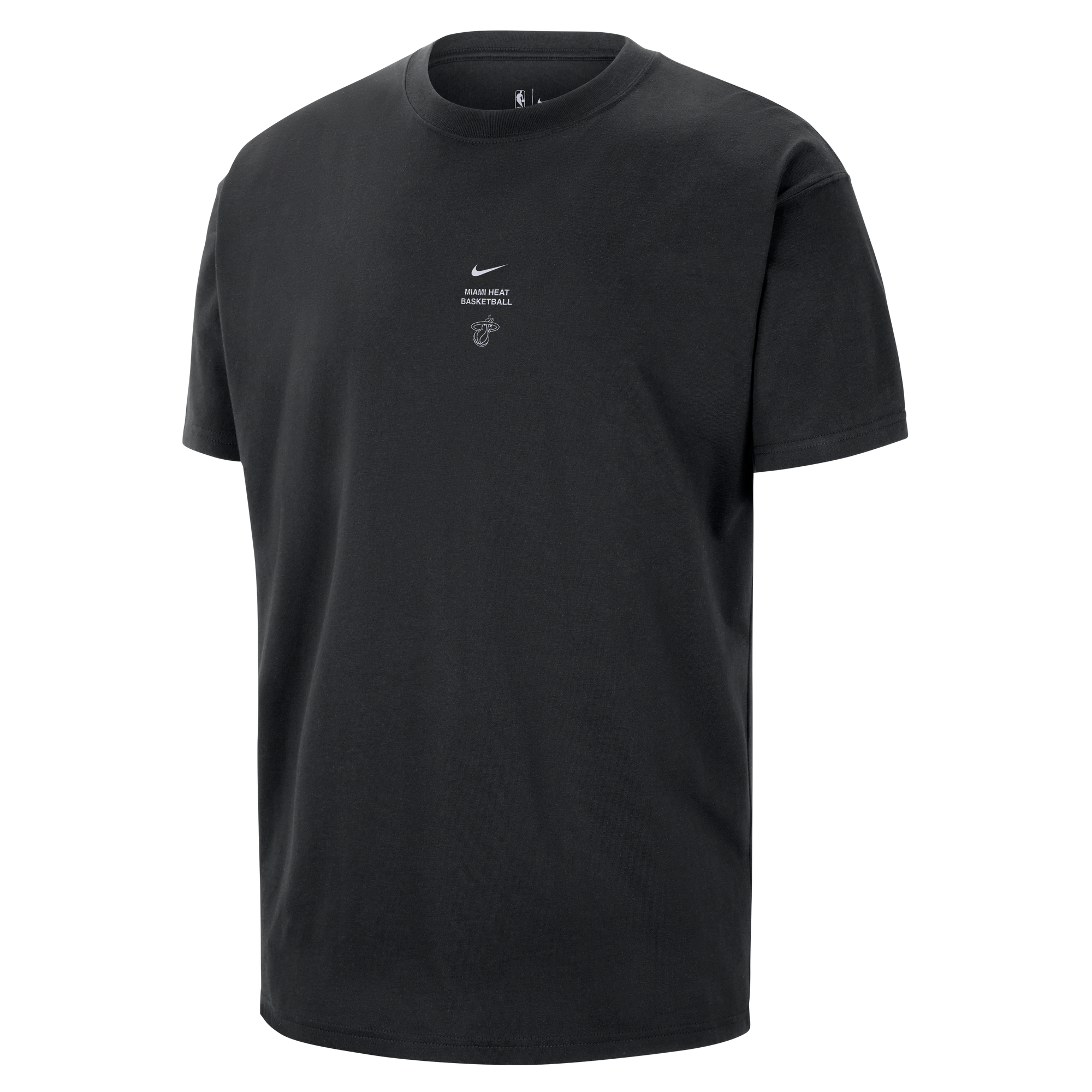 Nike Miami HEAT 2026-27 Black Practice Tee by Nike, featuring a small white Nike logo, text, and a graphic centered on the chest, displayed against a plain light background.