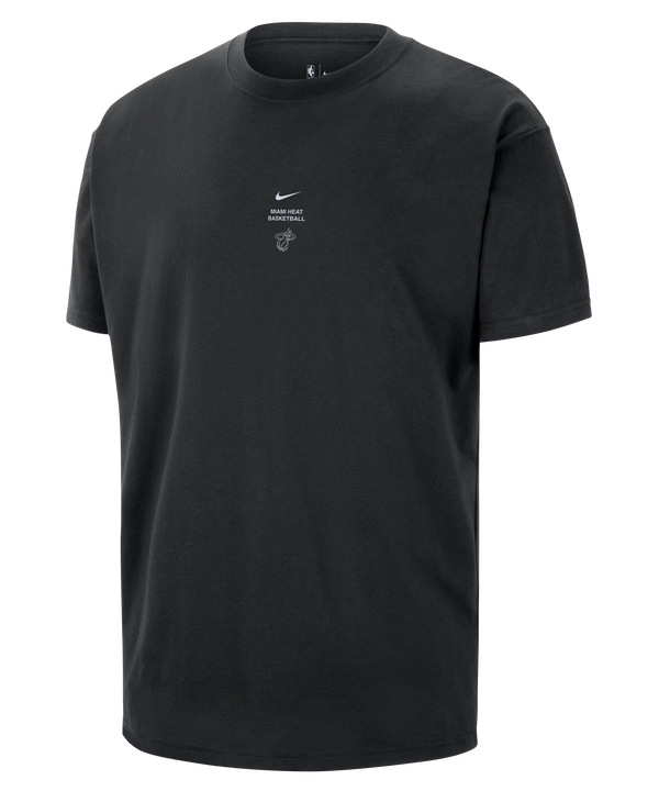 Nike Miami HEAT 2026-27 Black Practice Tee by Nike, featuring a small white Nike logo, text, and a graphic centered on the chest, displayed against a plain light background.