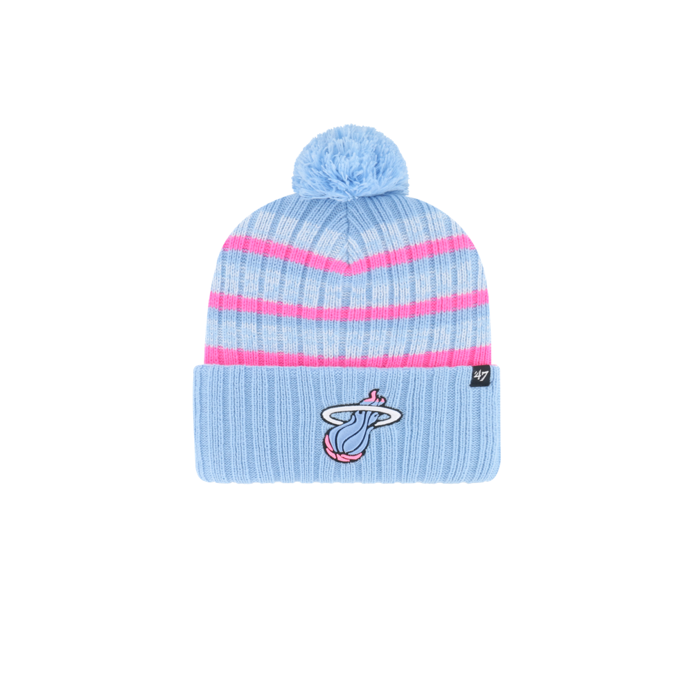 The '47 Brand Miami HEAT Original Vice Nights Cuff Knit is a light blue acrylic beanie with pink stripes, a pom-pom, and an embroidered Miami Heat logo. One size fits most; spot clean for best care.