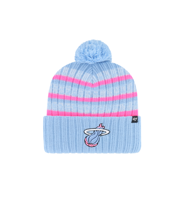 The '47 Brand Miami HEAT Original Vice Nights Cuff Knit is a light blue acrylic beanie with pink stripes, a pom-pom, and an embroidered Miami Heat logo. One size fits most; spot clean for best care.