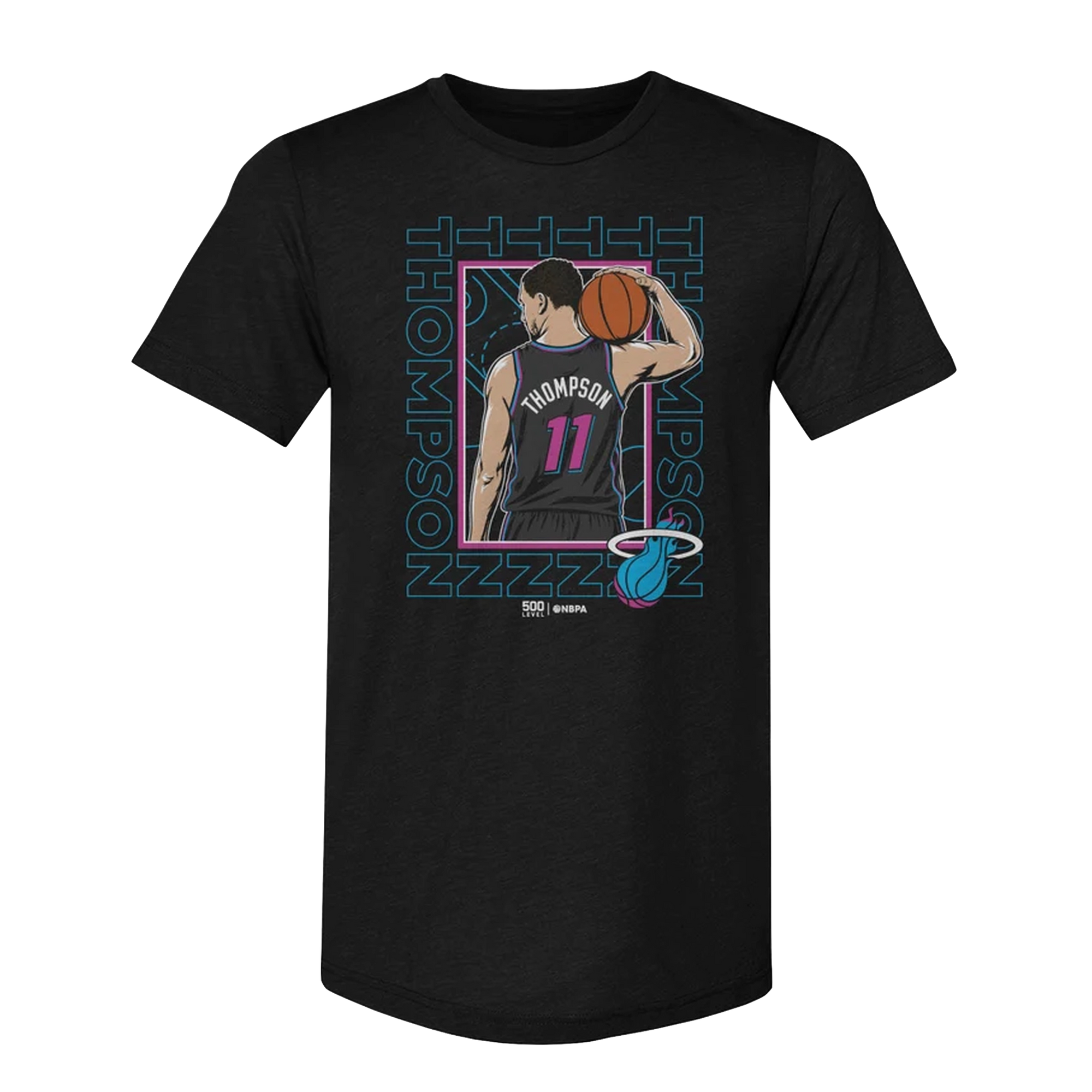 Black standard-fit cotton-polyester tee featuring an illustrated basketball player with a THOMPSON 11 jersey and Miami Heat logo. Machine washable. Klay Thompson 500 Level Miami HEAT Original Vice Nights Tee by 500 Level.
