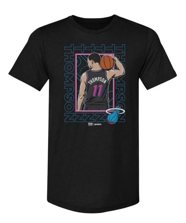 Black standard-fit cotton-polyester tee featuring an illustrated basketball player with a THOMPSON 11 jersey and Miami Heat logo. Machine washable. Klay Thompson 500 Level Miami HEAT Original Vice Nights Tee by 500 Level.