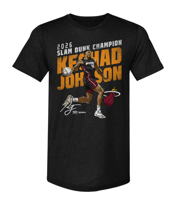 The 500 Level Keshad Johnson Miami HEAT Slam Dunk Champion Tee is a black cotton-poly tee featuring an illustrated dunking Johnson, 