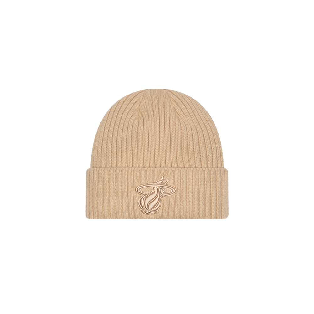 Tan knit beanie with embroidered Miami HEAT logo on folded cuff. - New Era Miami HEAT Tan Logo Knit
