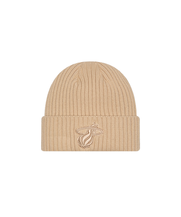 Tan knit beanie with embroidered Miami HEAT logo on folded cuff. - New Era Miami HEAT Tan Logo Knit