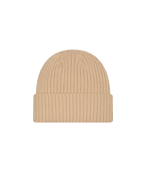 Tan knit beanie with embroidered Miami HEAT logo on folded cuff. - New Era Miami HEAT Tan Logo Knit