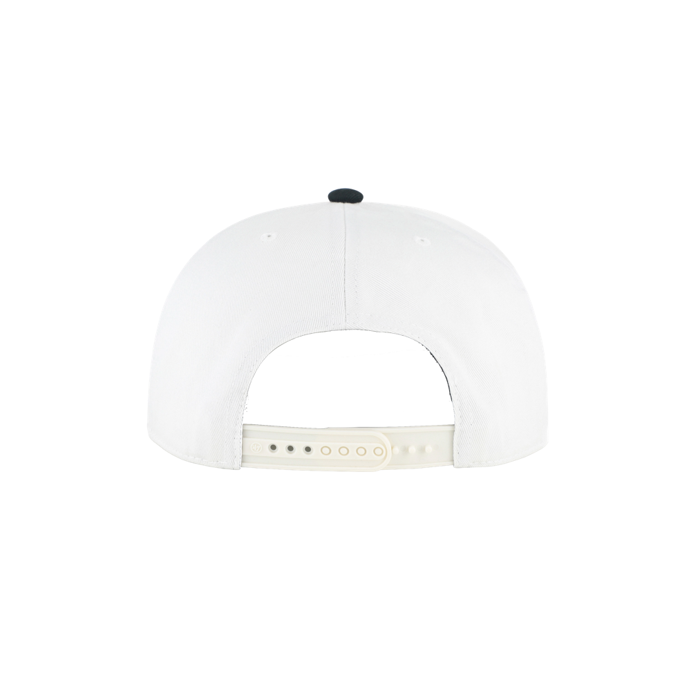 A back view of the ’47 Brand Miami HEAT Script Snapback shows its white cotton construction with an adjustable beige snapback strap and a small black button on top. This ivory hat by ’47 Brand comes in one size that fits most, displayed against a plain white background.