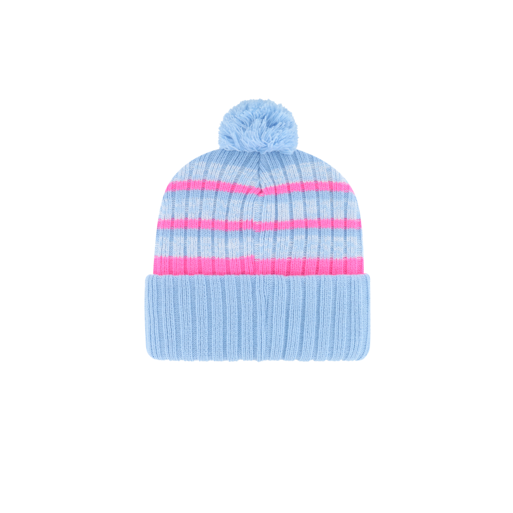 The '47 Brand Miami HEAT Original Vice Nights Cuff Knit is a light blue acrylic beanie with pink stripes and a pom-pom, one size fits most, spot clean only. Shown on a plain white background.