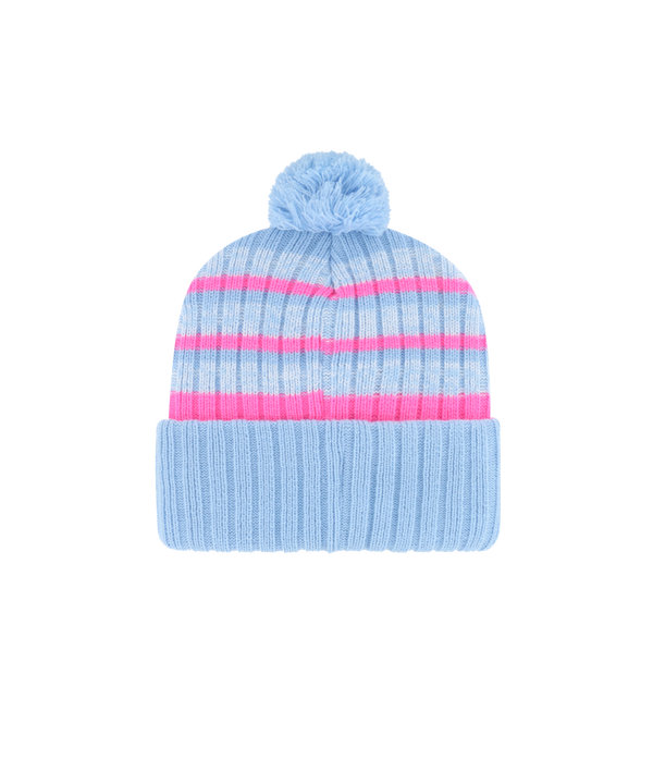 The '47 Brand Miami HEAT Original Vice Nights Cuff Knit is a light blue acrylic beanie with pink stripes, a pom-pom, and an embroidered Miami Heat logo. One size fits most; spot clean for best care.