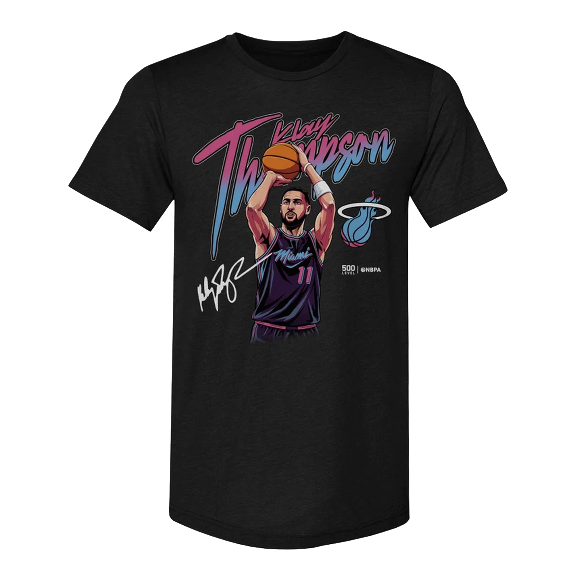 The Klay Thompson 500 Level Miami HEAT Original Vice Nights Shooting Tee by 500 Level features a graphic of Klay shooting, Miami Heat logo, and signature on a soft cotton-poly blend; machine washable.