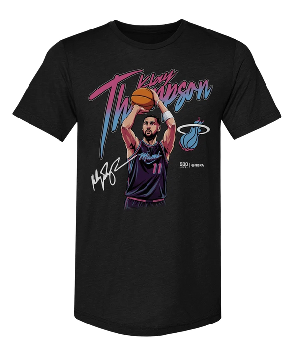 The Klay Thompson 500 Level Miami HEAT Original Vice Nights Shooting Tee by 500 Level features a graphic of Klay shooting, Miami Heat logo, and signature on a soft cotton-poly blend; machine washable.