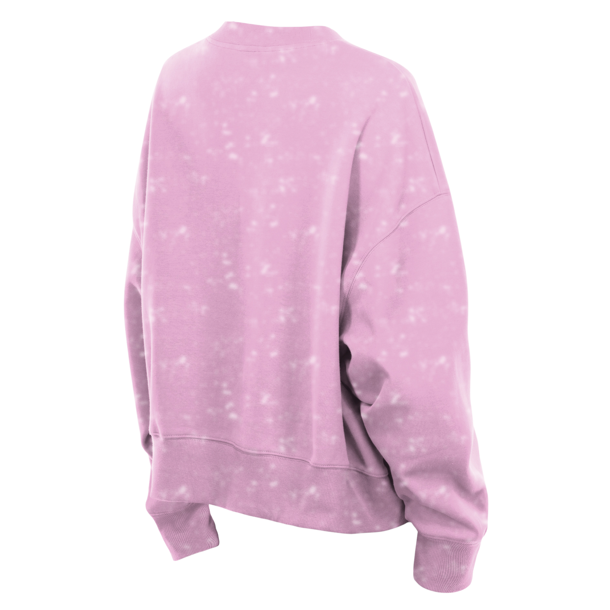 The New Era Miami HEAT Women's Pink Basketball Crewneck is a loose-fit, long-sleeve light pink sweatshirt with a subtle white speckled pattern, made from a cotton-polyester blend, shown from the back on a plain white background.
