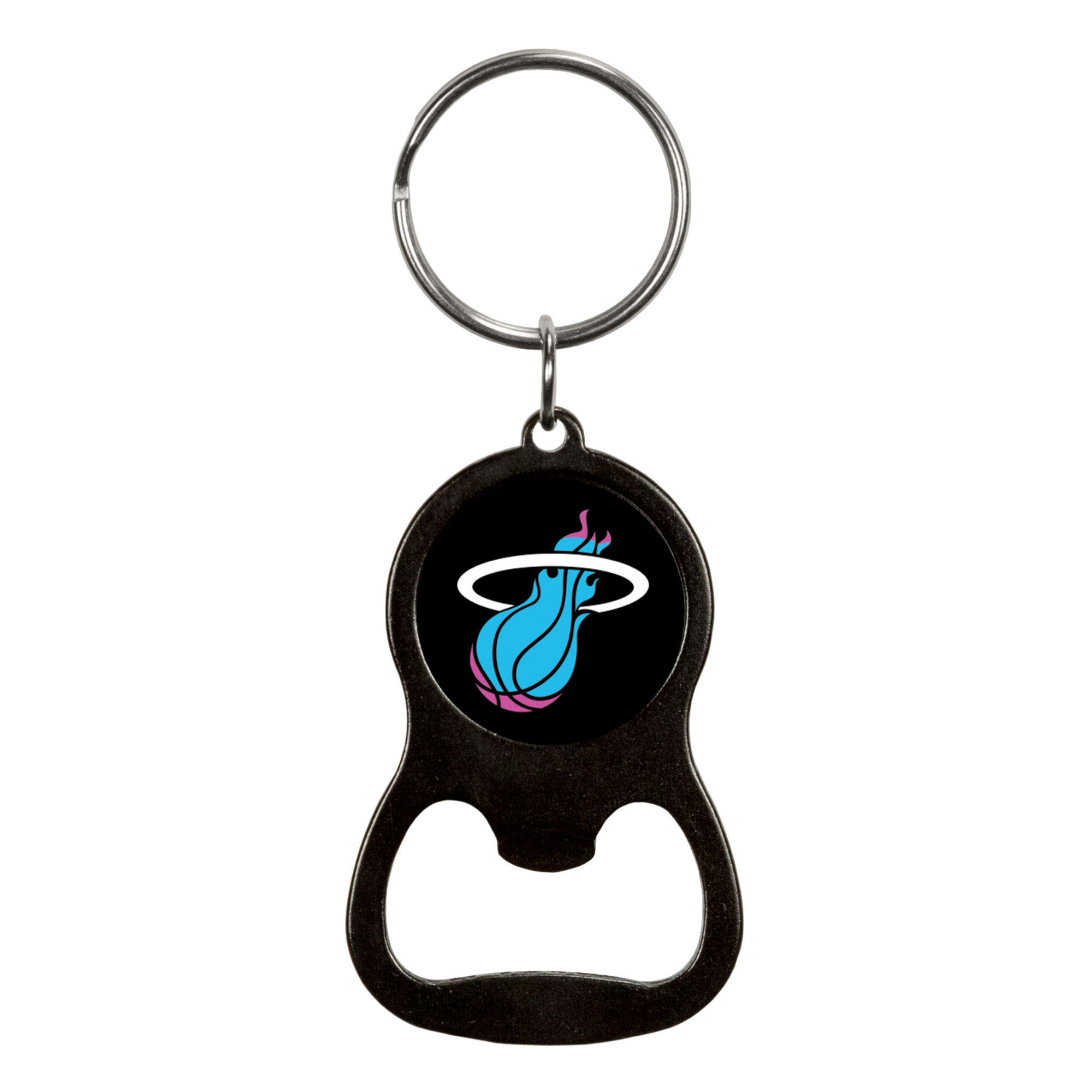 The Miami HEAT Original Vice Nights Bottle Opener Keychain by Rico Industries is an officially licensed metal keychain featuring a blue and pink team logo on black, with a built-in bottle opener. Measures 1.25 x 3.75 inches.