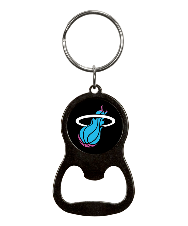 The Miami HEAT Original Vice Nights Bottle Opener Keychain by Rico Industries is an officially licensed metal keychain featuring a blue and pink team logo on black, with a built-in bottle opener. Measures 1.25 x 3.75 inches.